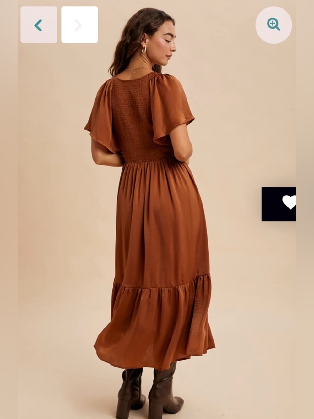 In Loom Emilia Dress Size L Sepia Satin Smocked Midi - NWT - Picture 2 of 6